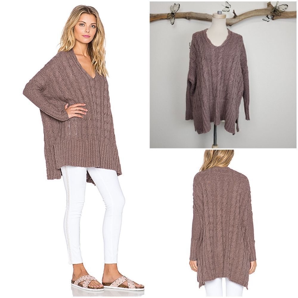Freepeople easy cableknit v neck sweater mushroom